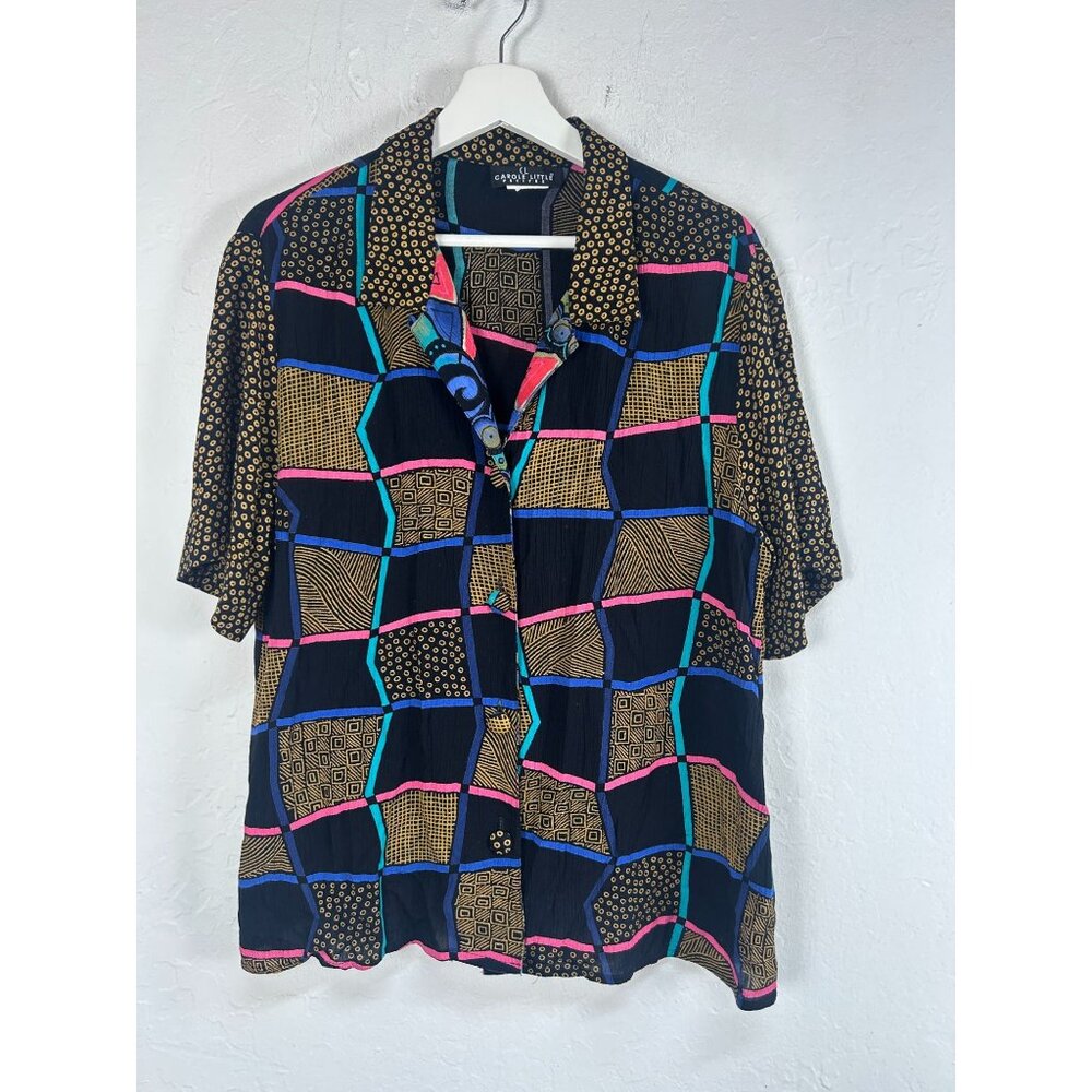 Carole Little Womens Short Sleeve Geometric Pattern Button-Down Shirt 14 Petites